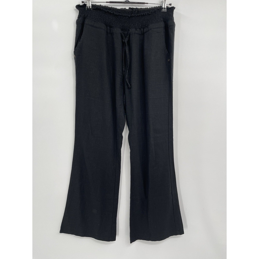 Love Tree Black Linen‎ Blend Wide Leg Smocked Waist Drawstring Pants